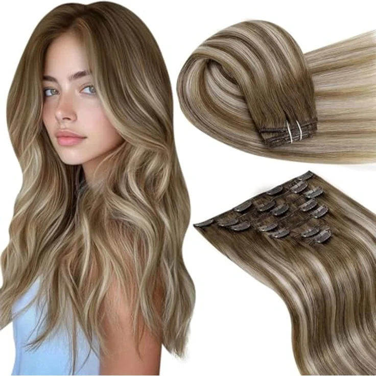 LaaVoo Clip in Extensions Echthaar, Balayage Blond, Ombre Platinblond, 40 cm, 105 g, 7 Stück, #8/60/8 – Bild 1
