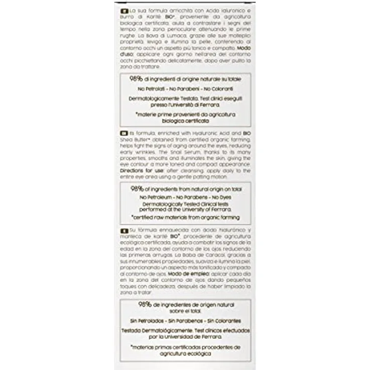 Naturaverde - Intensiv regenerierende Augencreme mit Schneckenschleim, mit Hyaluronsäure und Bio-Sheabutter, ICEA-zertifiziert, 15 ml