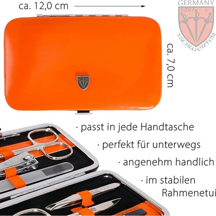 DREI SCHWERTER Maniküreset 'Genova', 6-teiliges Nagelset im orangefarbenen Kunstlederetui, inkl. Nagelschere, Hautschere, Nagelknipser, Glas- und Saphirnagelfeile, Pinzette – Bild 4