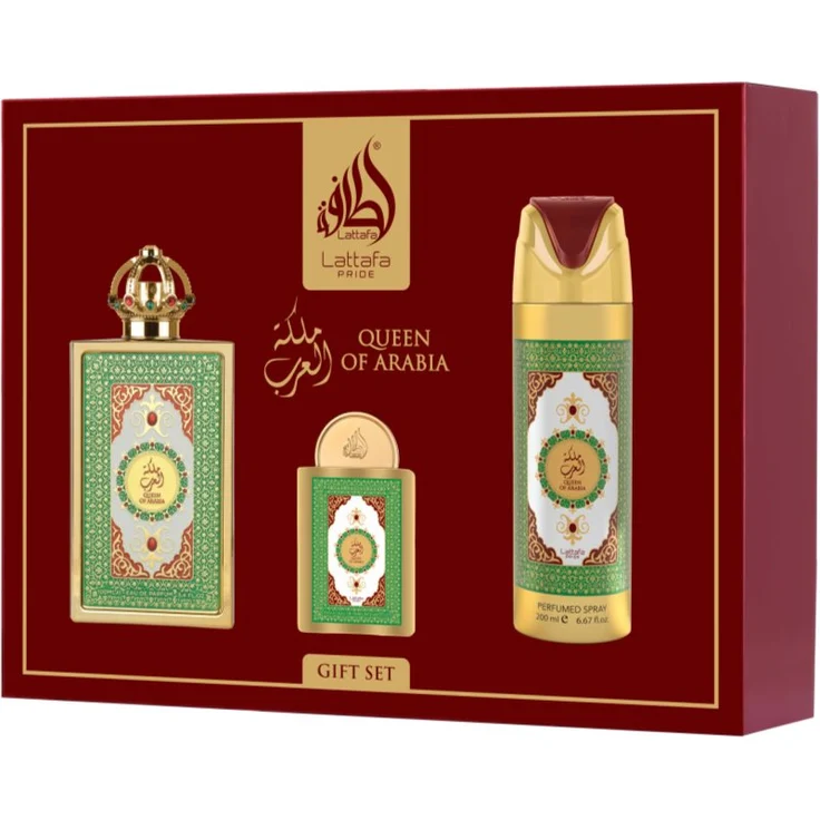 Lattafa Queen Of Arabia Geschenkset, Damen-Duftset mit 100 ml Eau de Parfum, 20 ml Miniatur und 200 ml Deodorant