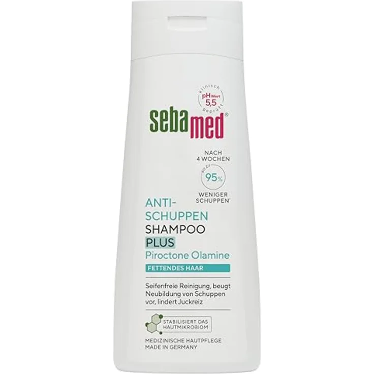 Sebamed Antischuppen Shampoo Plus, 200 ml, bis zu 95% weniger Schuppen, bekämpft fettiges Haar und Juckreiz, pH 5,5