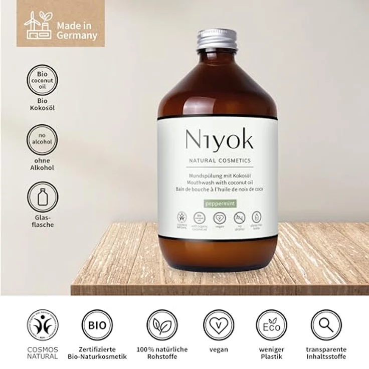 Niyok Mundspülung - Pfefferminze, 500ml 2er Pack, mit antibakteriellem Bio-Kokosöl, vegan, plastikfreie Glasflasche – Bild 3