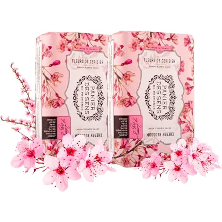 Panier des Sens Kirschblüte Seifenstück 2x200g, Hand- & Körperseife mit Karitéöl, 97% natürliche Inhaltsstoffe, vegan, Duft nach Kirschblüten – Bild 1