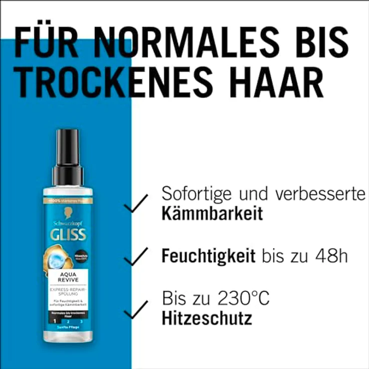 Gliss Express-Repair-Spülung Aqua Revive, Haarspülung mit 48 h Feuchtigkeit, Hitzeschutz bis 230 °C, 200 ml – Bild 4