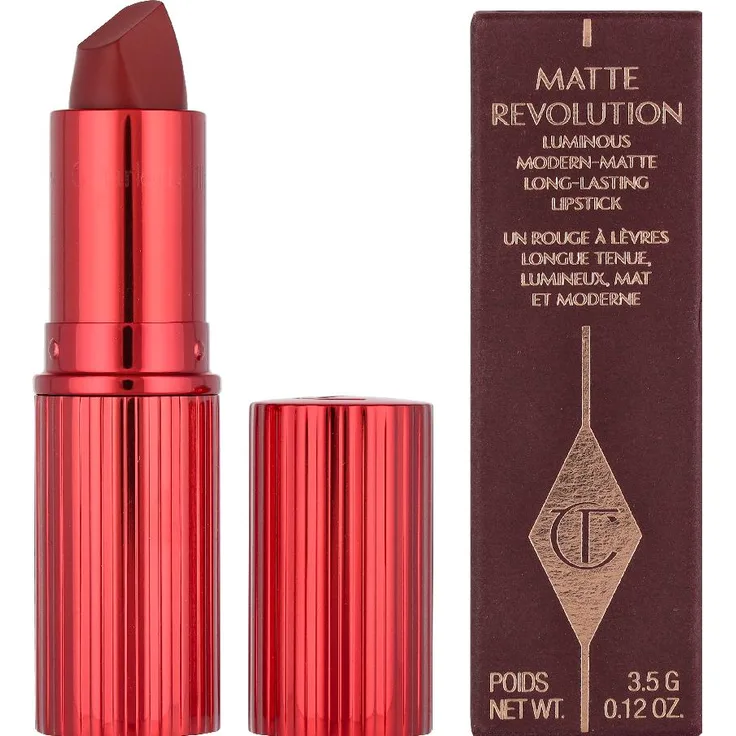 Charlotte Tilbury Matte Revolution Lippenstift + Lipgloss, langanhaltende matte Farbe, Nuance Pizzazz, 3,5 g