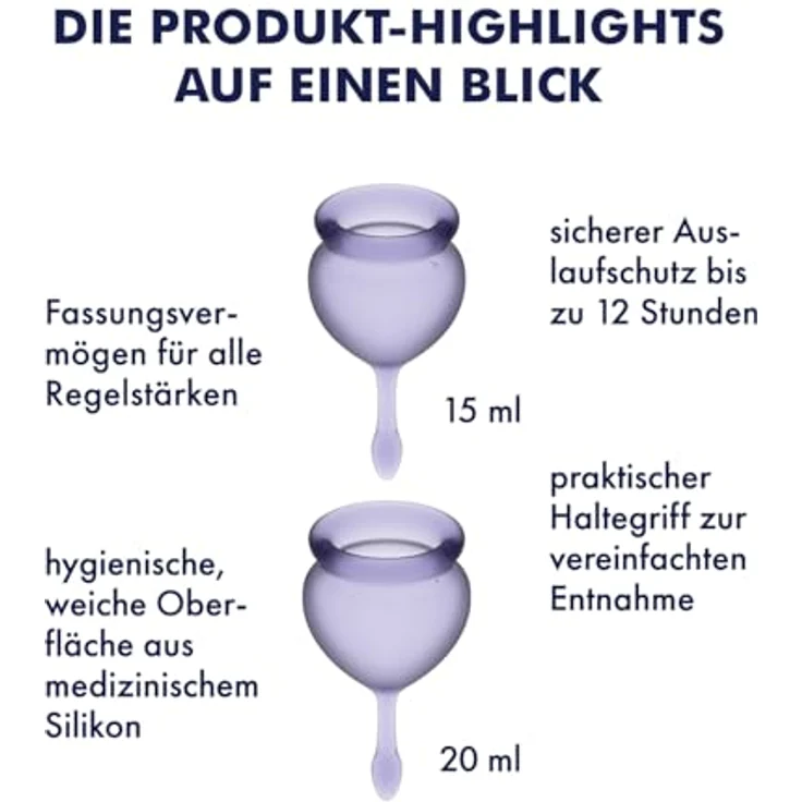 Satisfyer Feel good MENSTRUAL CUP, Menstruationstasse, hypoallergen, 2 Größen (15 ml & 20 ml), lila – Bild 4