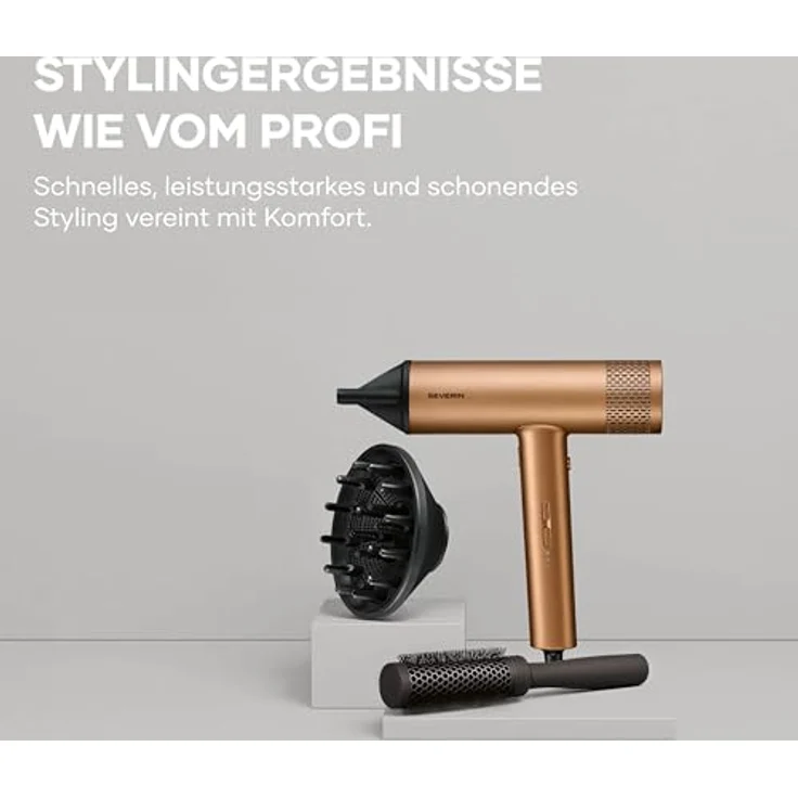 Severin HT 0172 Haartrockner, Ionen-Föhn mit Anti-Frizz, 2000W, 3 Temperatur- und Leistungsstufen, inkl. Konzentrator und Diffusor, bronze-schwarz – Bild 3