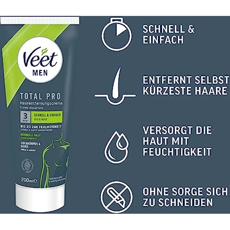 Veet Men Haarentfernungscreme für Oberkörper & Beine, Enthaarungscreme für schnelle Haarentfernung in 5-10 Minuten, 2x200 ml Tube & Spatel – Bild 3