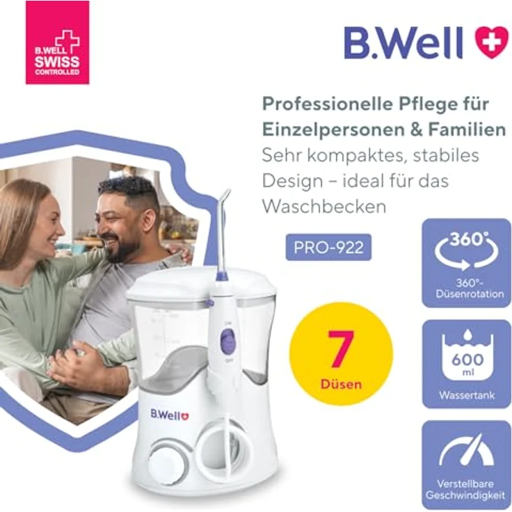 B.Well PRO-922, stationäre Munddusche mit 10 Betriebsarten, pulsierender Reinigung, 360-Grad-Düsendrehung, 600 ml Wassertank und 7 Düsen – Bild 2