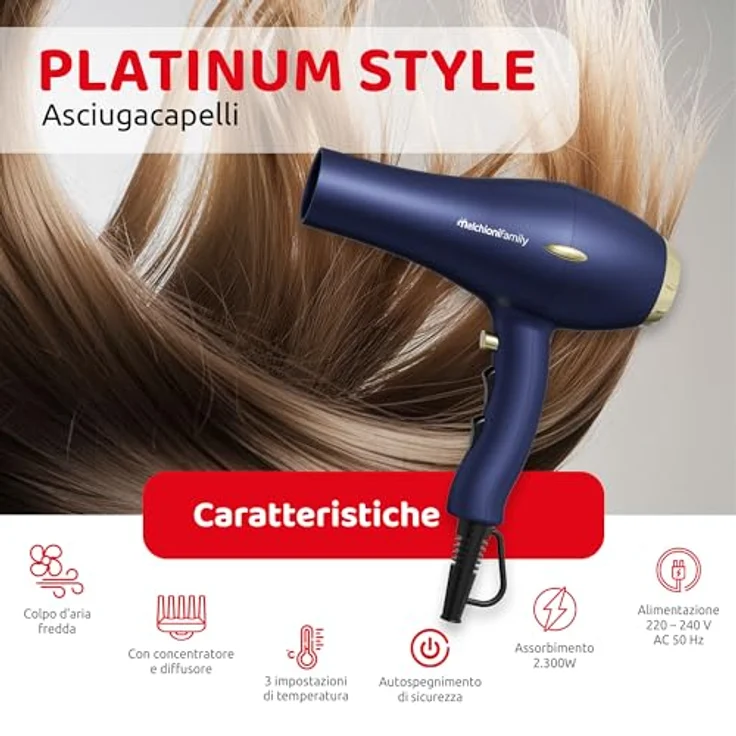 Melchioni PLATINUM STYLE Haartrockner, 2300W mit Auto-Abschaltung, 2 Geschwindigkeitsstufen, Kaltluftfunktion, Diffusor und Konzentrator – Bild 3