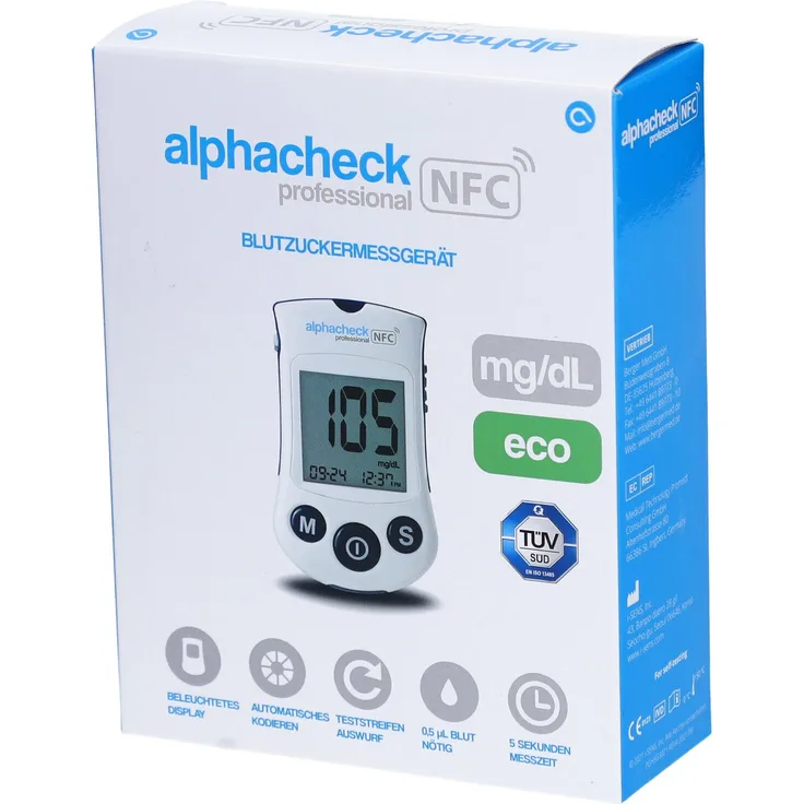 Alphacheck professional Blutzuckermessgerät, präzise Messung in mg/dl, kompakte Bauweise