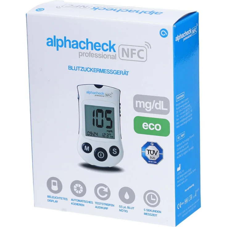 Alphacheck professional Blutzuckermessgerät, präzise Messung in mg/dl, kompakte Bauweise