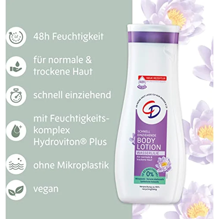 CD Body Lotion Wasserlilie, 400 ml, für normale und trockene Haut, 48h Feuchtigkeit, vegan und pH-hautneutral – Bild 5