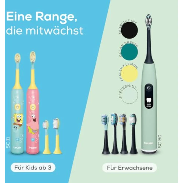 beurer Aqua Blue SC11 Schallzahnbürste für Kinder im SpongeBob-Design, mit 2 Bürstenköpfen und integrierten Vibrations-Timern – Bild 8