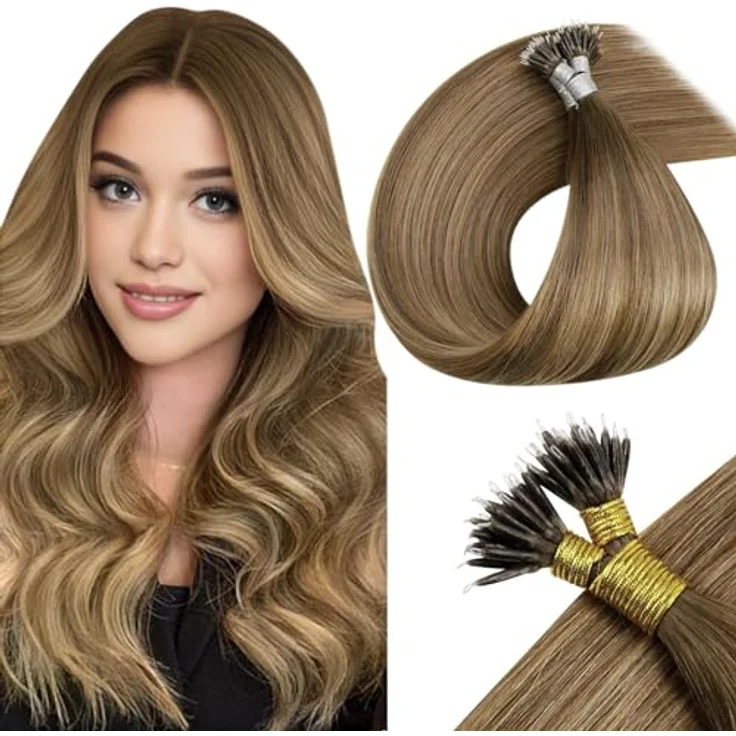 LaaVoo Nanoring Extensions Echthaar, Balayage Braun-Hellbraun Ombre #8/16/8, 50g, 45cm, ultradiskrete Anwendung ohne Hitze – Bild 1