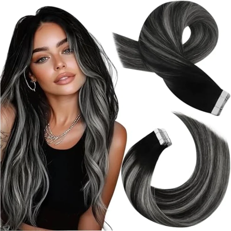 Moresoo Tape in Extensions Echthaar, Invisible Tape Blayage Schwarz Silber, Remy Haarverlängerung 45cm 50g #1B/S/1B – Bild 1