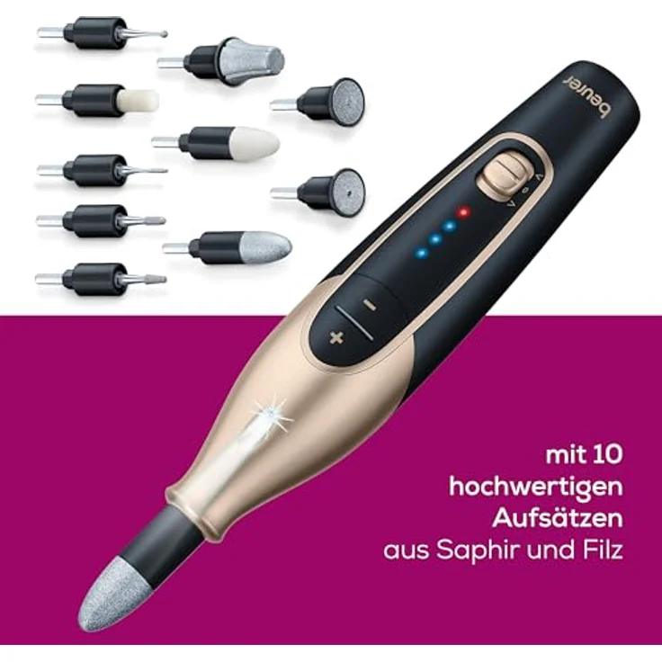 Beurer MP 84 Special Edition Maniküre-/Pediküreset, elektrische Nagelfeile mit Akku, 10 Aufsätze, LED-Licht, inkl. Aufbewahrungsetui, bis zu 4400 U/min, Nagelfräser zur Hand- und Fußpflege, schwarz – Bild 3
