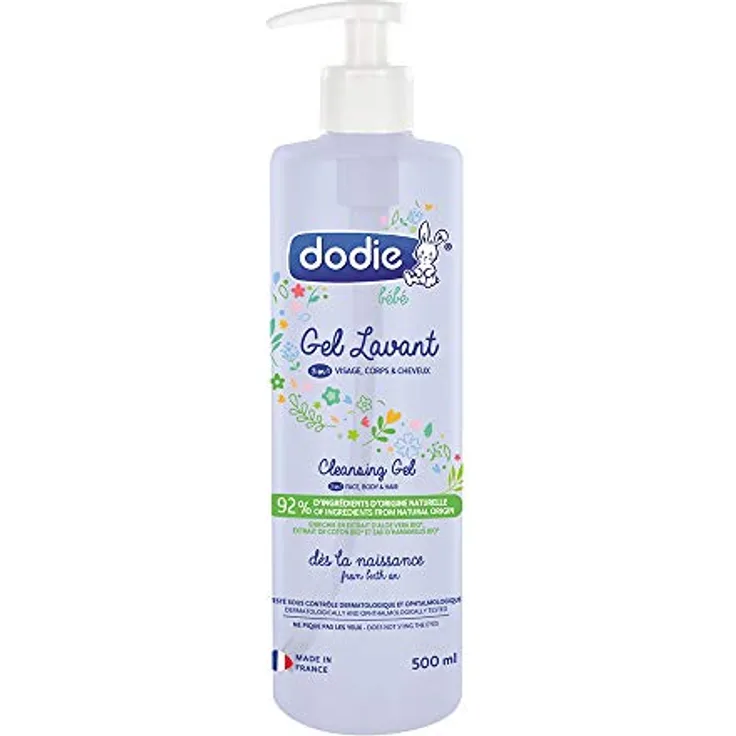 Dodie Reinigungsgel 3 in 1 (500 ml), Gesichts-, Körper- und Haarreinigung, 92  prozent Inhaltsstoffe natürlichen Ursprungs, hypoallergen, ab der Geburt