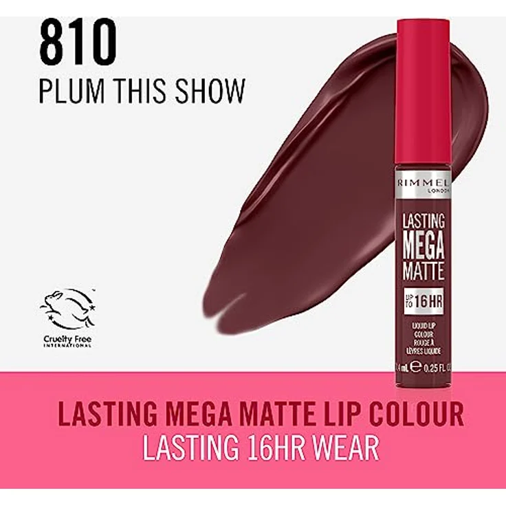 Rimmel London Flüssiger Lippenstift Lasting Mega Matte, flüssiger Lippenstift für weiche Lippen mit Finish Matte, vegane Formel mit Squalen und Kokosöl - 810 Plum this Show, 7,4 ml – Bild 2