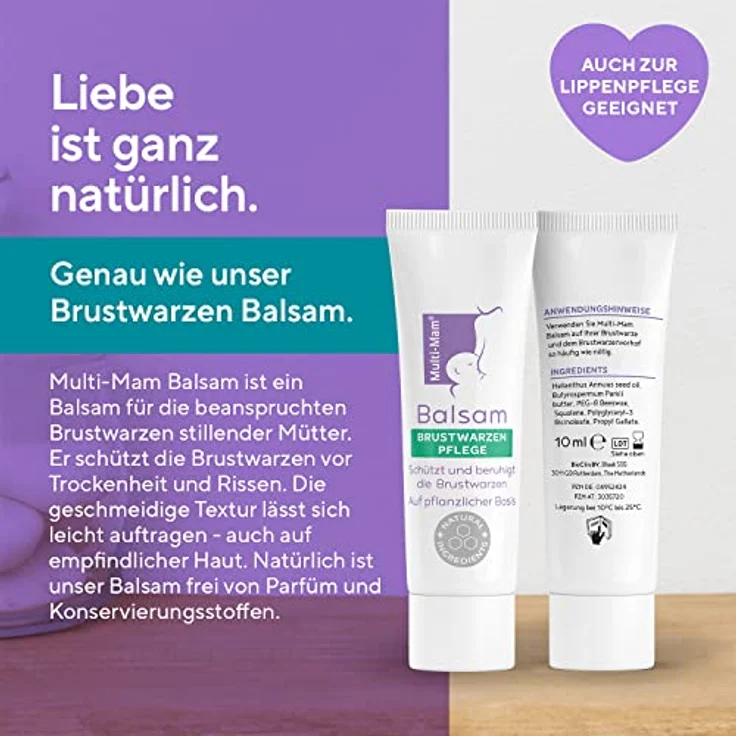 Multi-Mam Brustwarzenbalsam 10 ml für stillende Mütter mit trockenen und rissigen Brustwarzen – 100% unbedenklich für Mutter & Baby - Pflegende vegane Alternative zur Lanolin Brustwarzensalbe Stillen – Bild 2