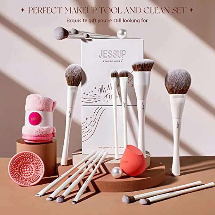 Jessup T333 Pinselset 14 Stk Makeup Pinsel mit Schwamm, Pinselreiniger und Handtuch in Perlweiß, Hochwertiges Geschenkset für Frauen – Bild 5