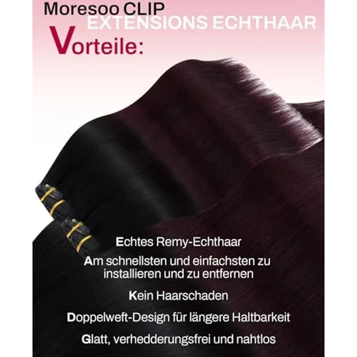 Moresoo Clip in Extensions Echthaar 60 cm, 7 Stück 120g, Schwarz und Weinrot #1B/99J, Weiches Glattes Haar, Salon Qualität, Langlebig und Leicht zu Tragen – Bild 2