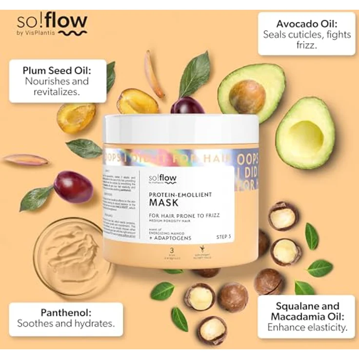 so!flow Medium Porosity Hair Protein-Emollient Mask, Intensive Haarmaske für strapaziertes Haar, 400 ml, mit Avocado- und Macadamiaöl – Bild 3