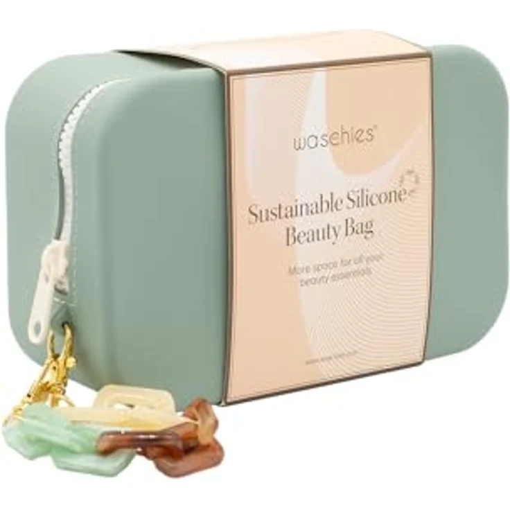 waschies Beauty Bag Sage, große wasserabweisende und waschbare Kosmetiktasche aus 100% Silikon mit abnehmbarer Tragekette für Make-up und Kosmetik – Bild 2