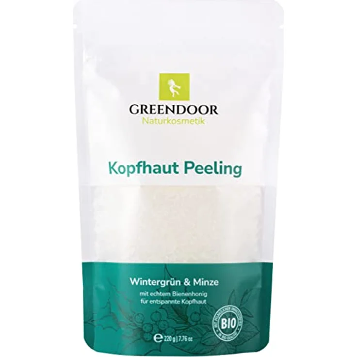 GREENDOOR Kopfhaut Peeling Wintergrün Pfefferminze 220g gegen trockene gestresste Kopfhaut | Haarfollikel werden besser durchblutet/versorgt, Haarwachstum natürlich gefördert, Naturkosmetik Haare – Bild 1