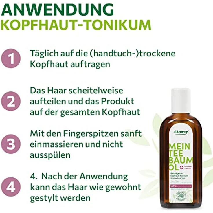 Alkmene Mein Teebaumöl Kopfhaut Tonikum 3x 250 ml, Juckreiz Linderung mit 100% Bestätigung, vegan & klimaneutral, beruhigendes Haarwasser bei trockener & juckender Kopfhaut – Bild 4