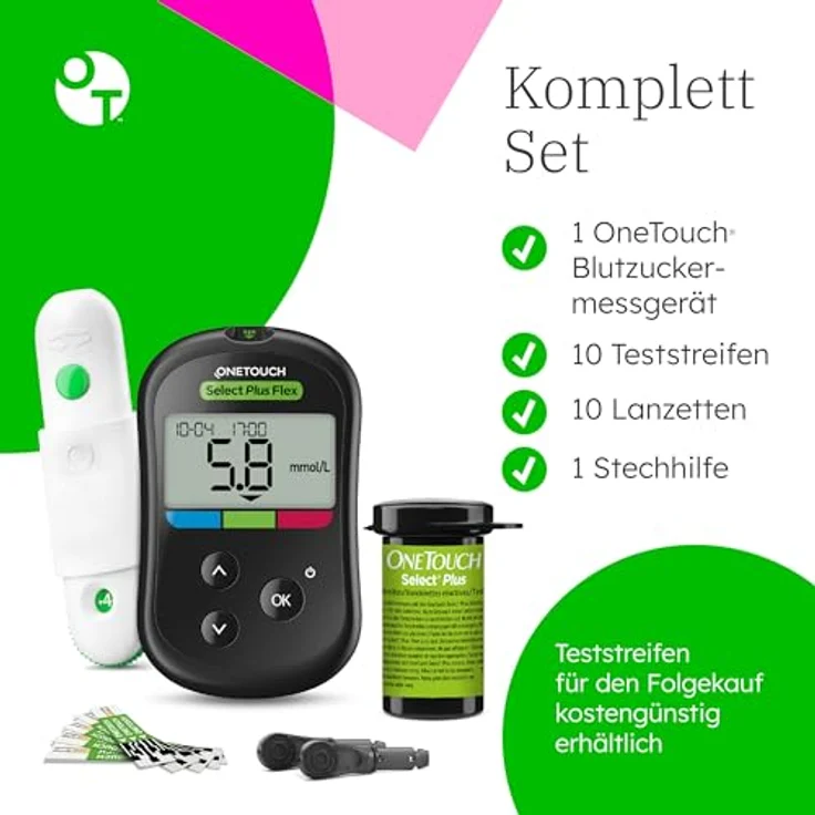 OneTouch Select Plus Flex® Blutzuckermessgerät, tragbares Testset mit 10 Teststreifen, Stechhilfe und Etui, mmol/L – Bild 2