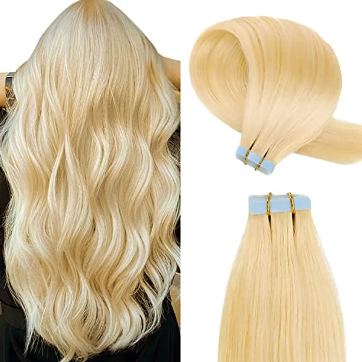 YILITE Tape Extensions Echthaar, Bleichblond #613, 50cm, 20 Stück Packung, seidig, einfach zu installieren, 100% Remy Echthaar. – Bild 1