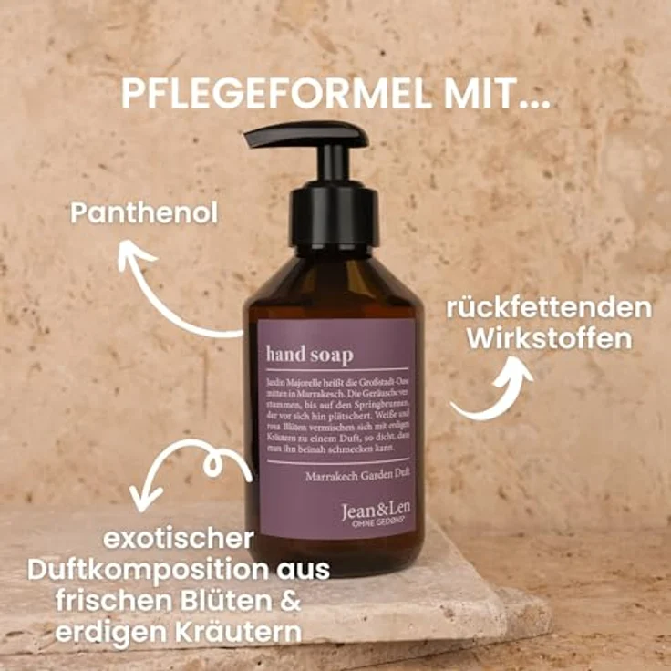 Jean & Len Handseife Marrakech Garden, 250 ml Flüssigseife im Pumpspender, warmer und beruhigender Duft, vegan, für beanspruchte Hände – Bild 3