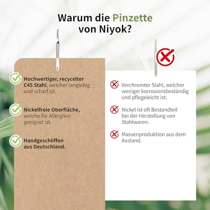 Niyok® Pinzette aus Solingen mit schräger Spitze, Profi Augenbrauenpinzette aus C45 Stahl, nickelfrei, Made in Germany – Bild 5