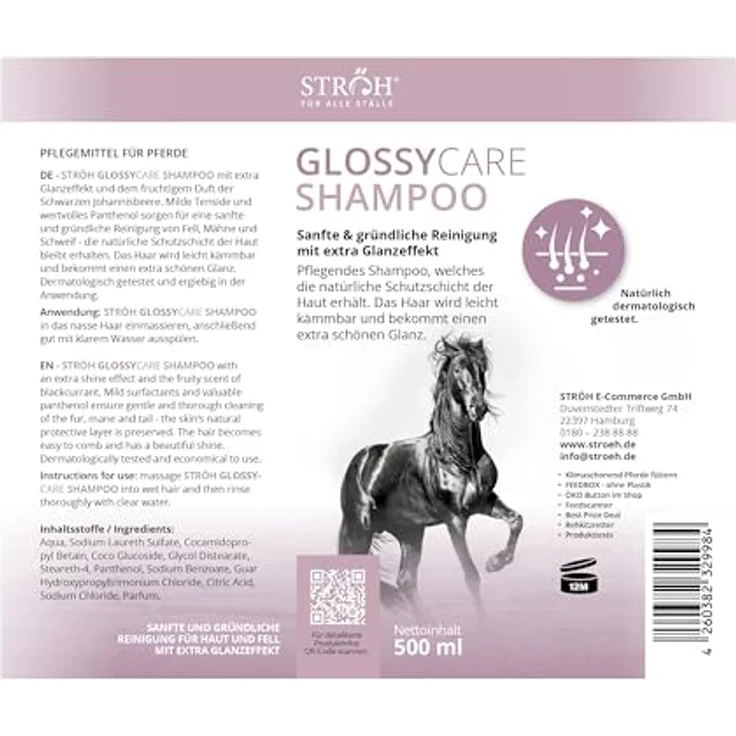 STRÖH GlossyCare Shampoo für Pferde, 500 ml, pflegendes Reinigungsmittel mit Panthenol und Johannisbeerduft, für empfindliche Haut – Bild 2