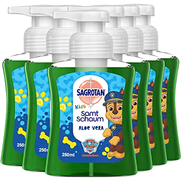 Sagrotan Kids Samt-Schaumseife Aloe Vera – Paw Patrol Edition – 6 x 250 ml Schaumseife mit farbigem Schaum im Seifenspender