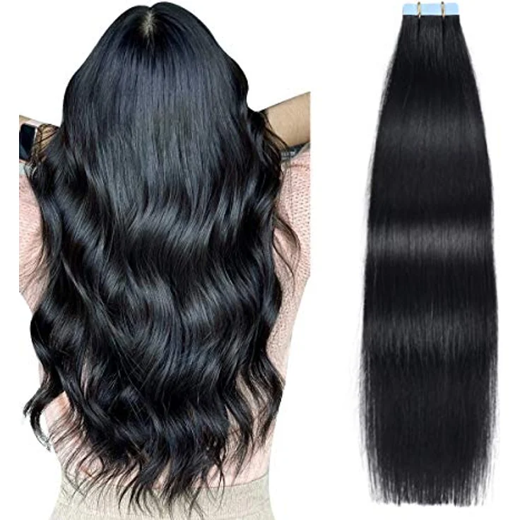 SUYYA Tape Extensions Echthaar, Invisible Tape in Extensions, seidig glatt, Remy Haarverlängerungen, 22 Zoll, 20 Stück, 50G, #1 Tief Schwarz – Bild 1