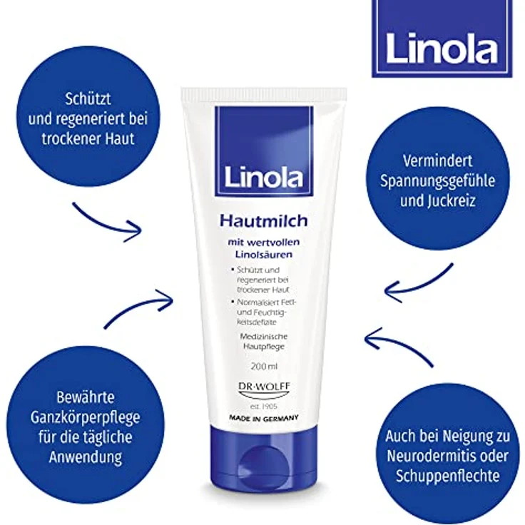 Linola Hautmilch, 1 x 200 ml - Körperlotion bei allen Formen trockener, beanspruchter sowie zu Neurodermitis neigender Haut – Bild 2
