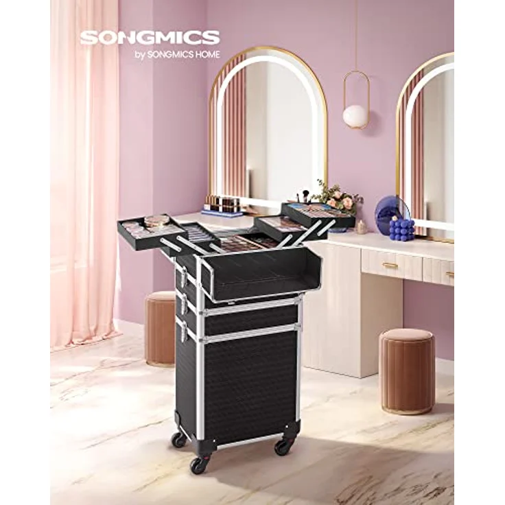 SONGMICS Kosmetikkoffer, Trolley, 4-in-1 Schminkkoffer, extra groß, abschließbar, 360° drehbare Rollen, schwarz – Bild 2
