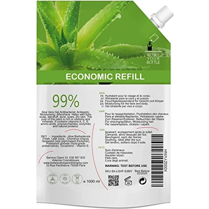 Aloe-Vera-Gel 99% rein. Aloe Vera von den Kanarischen Inseln, Spanien. 100% natürliche Hautpflege (Körper und Gesicht) und Haarpflege. Family Saver-Format 1000 ml – Bild 2