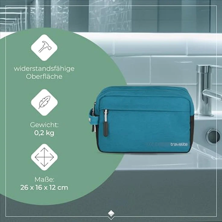 travelite Handgepäck Kosmetiktasche, Gepäck Serie KICK OFF: Praktische Kulturtasche für Urlaub und Sport, 006920-22, 26 cm, 5 Liter, petrol (türkis) – Bild 4