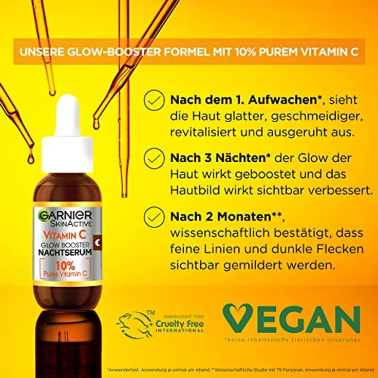 Garnier Glow Booster Nachtserum mit 10% purem Vitamin C & Hyaluronsäure, Brightening Night Serum, SkinActive, 30 ml – Bild 3