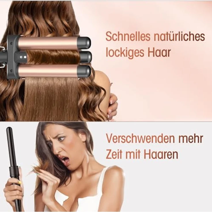 BESTOPE PRO Lockenstab 3 Fässer, Beach Waves Welleneisen mit einstellbarer Temperatur und PTC Schnellheizung, für alle Haartypen, Roségold – Bild 4