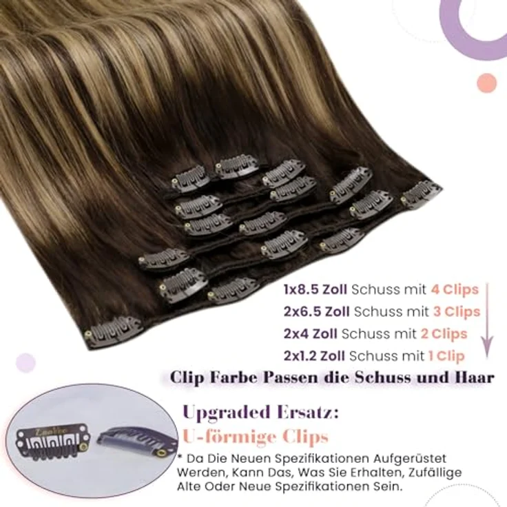 LaaVoo Clip in Echthaar Extensions, 55cm Haarverlängerung mit Balayage Dunkelbraun zu Karamellblond, 120g, 7pcs – Bild 2