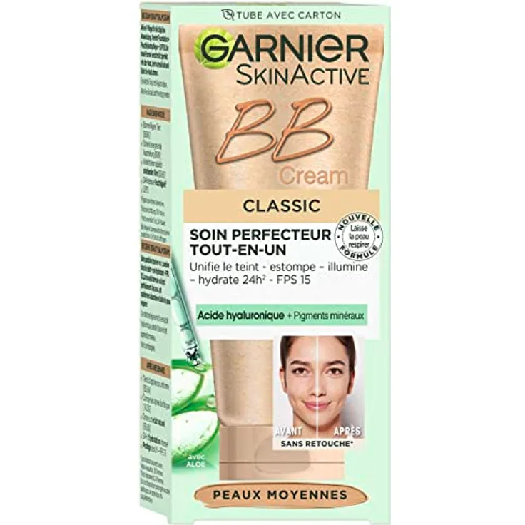Garnier SkinActive BB Cream – All-in-1 Tagespflege mit Hyaluronsäure und Aloe Vera, kaschiert Hautunregelmäßigkeiten, LSF 15, Klassik, Mittel, 50 ml