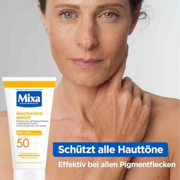 Mixa schützende & Pigmentflecken vorbeugende Creme LSF 50, Hypoallergen, für trockene Haut, Niacinamide Bright, 50 ml – Bild 3