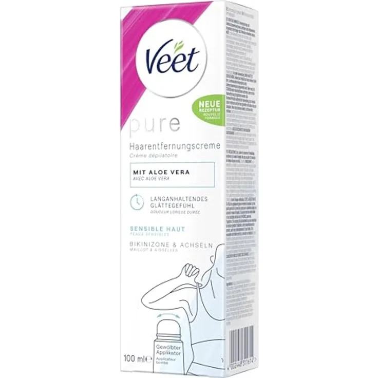 Veet Pure Haarentfernungscreme für Bikinizone & Achseln – Enthaarungscreme für sensible Haut mit Bio Aloe-Vera, vegan, 100 ml Tube mit gewölbtem Applikator & Spatel