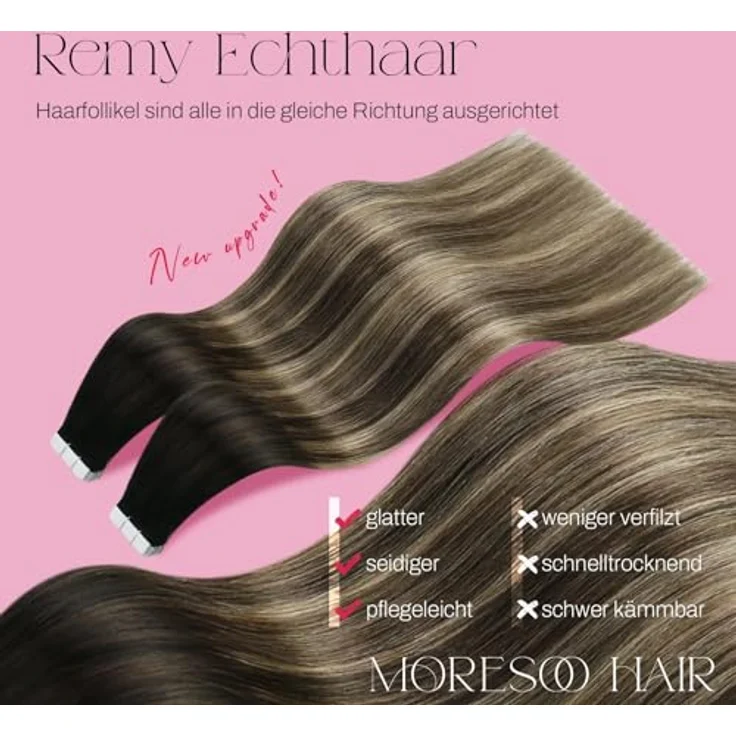 Moresoo Tape Extensions Echthaar #1B/3/27, Schwarz zu Dunkelbraun mit Karamellblond, 20 Stück/50g, 35 cm, unsichtbare Tape in Extensions – Bild 2