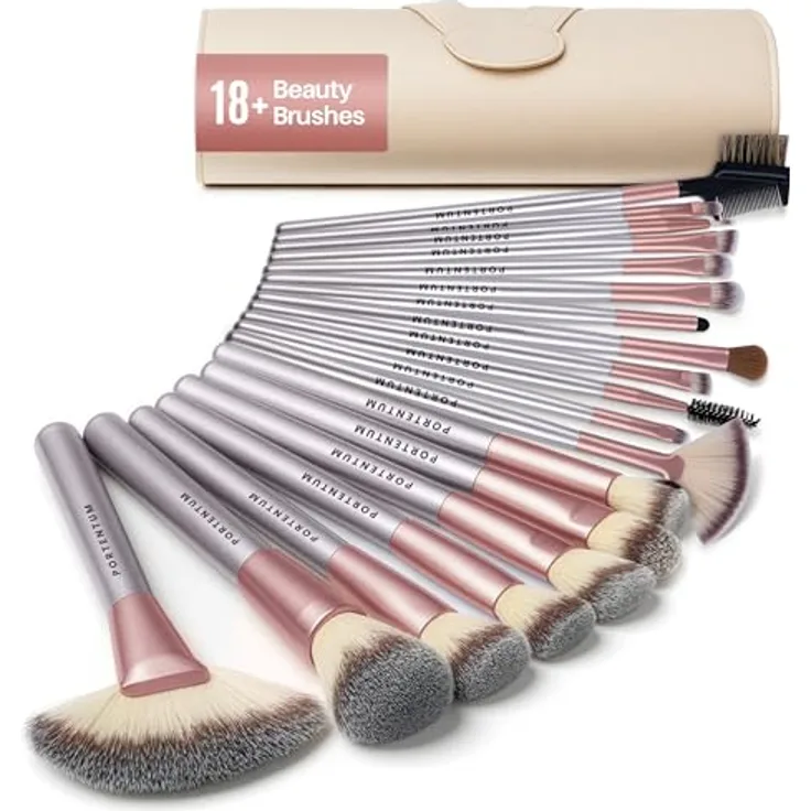 PORTENTUM Professionelles Make-Up-Pinsel-Set, 18 Stück mit hochwertigen synthetischen Borsten und weißer PU-Ledertasche