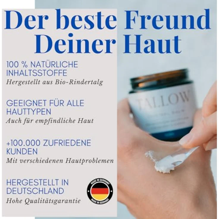 Tallow TALLOW ORIGINAL BALM NATUR, 100% Bio Rindertalg Creme für Hautpflege, 120ml, aus grasgefütterten Rindern vom Bodensee, natürliche Feuchtigkeitscreme reich an Vitaminen und Fettsäuren – Bild 2